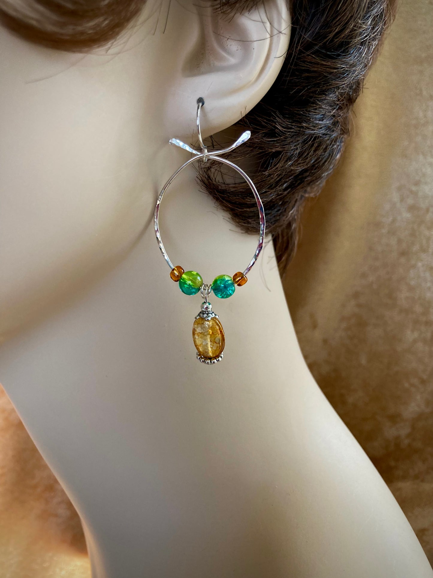 Silver Hoop earrings in Jade Green Crystals and Amber glass