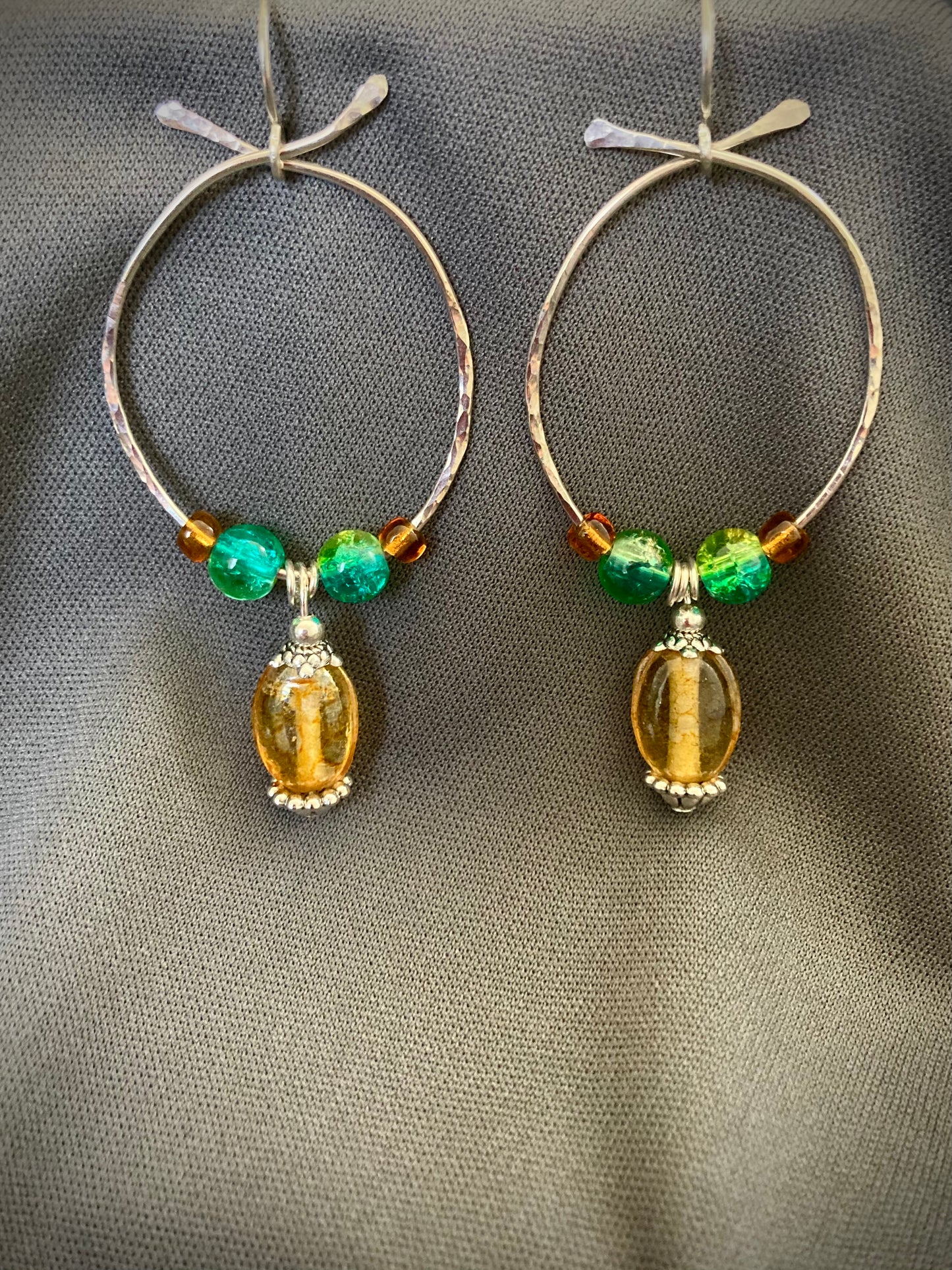 Silver Hoop earrings in Jade Green Crystals and Amber glass