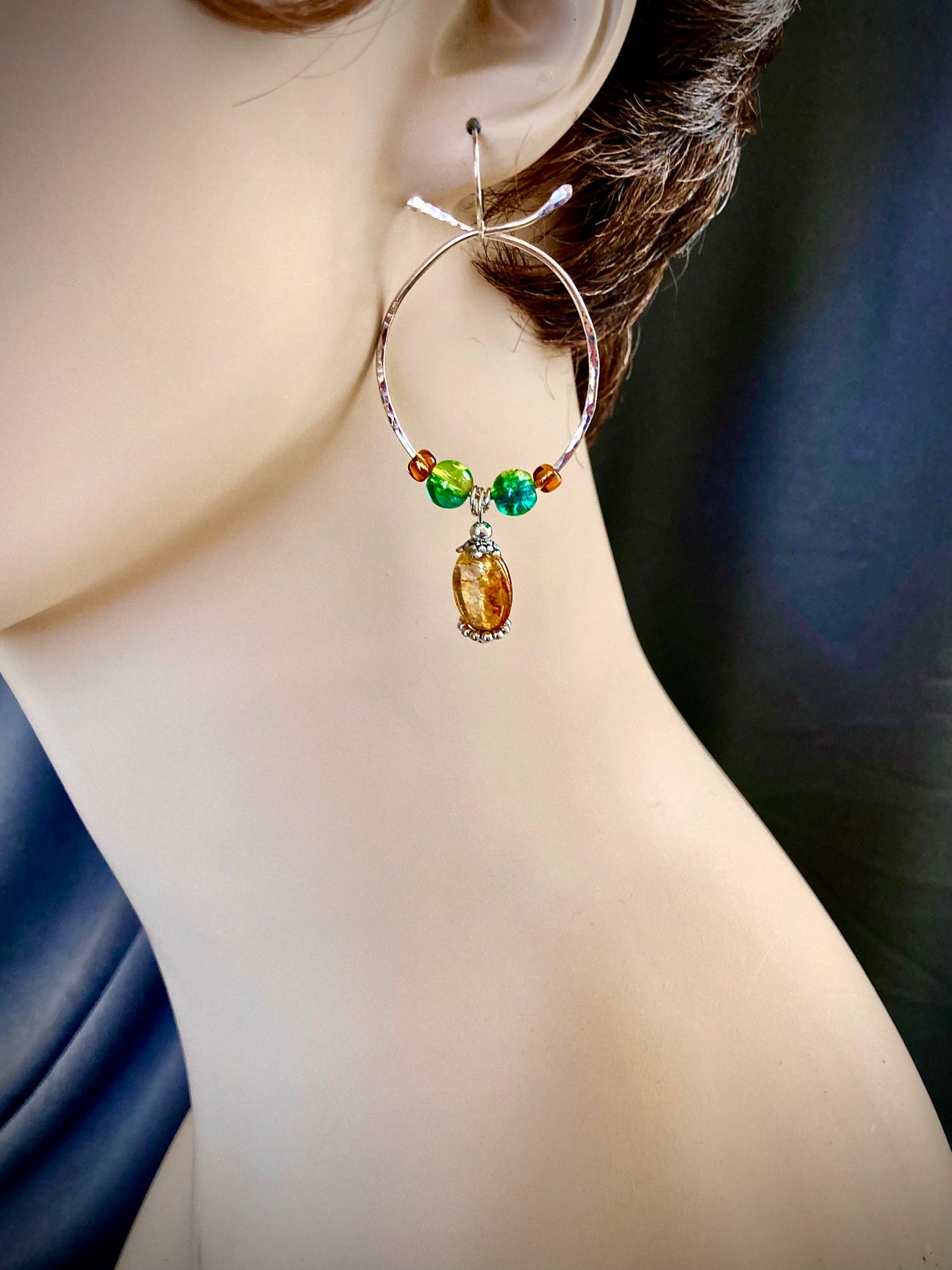 Silver Hoop earrings in Jade Green Crystals and Amber glass