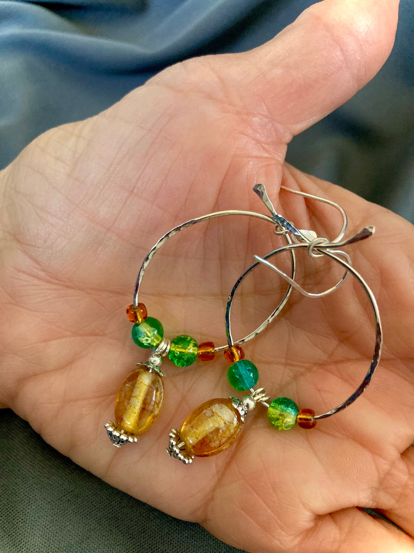 Silver Hoop earrings in Jade Green Crystals and Amber glass